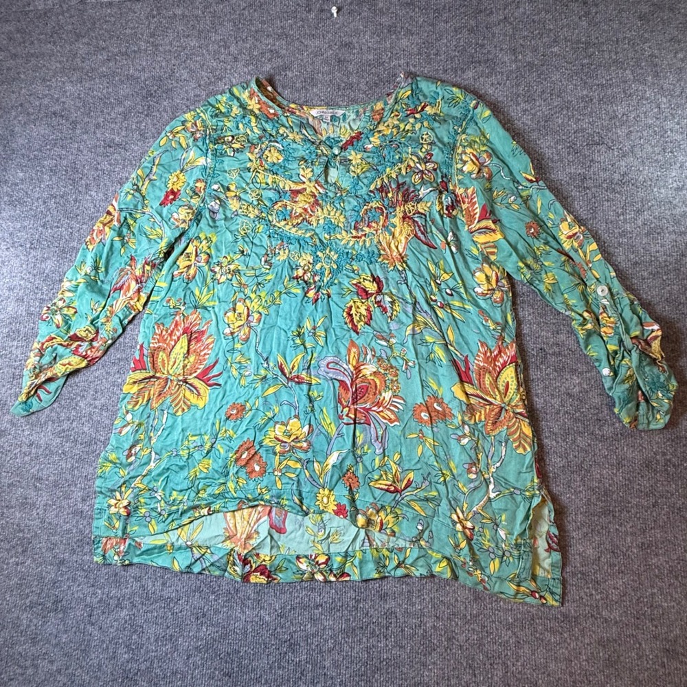 John Mark Womens 1X Teal Floral Embroidered Tunic Top Long Sleeve Viscose Boho